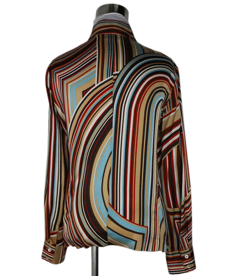 Missoni Brown Red Aqua Stripes Silk Longsleeve Blouse sz 4 - Image 3