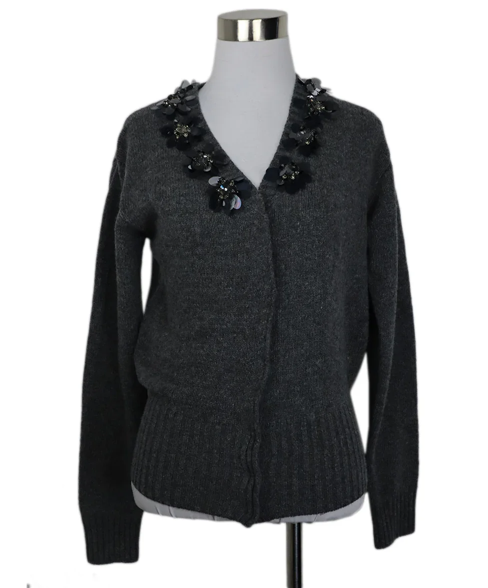 Prada Grey Wool Cashgora Cardigan Sweater with Sequins sz 2