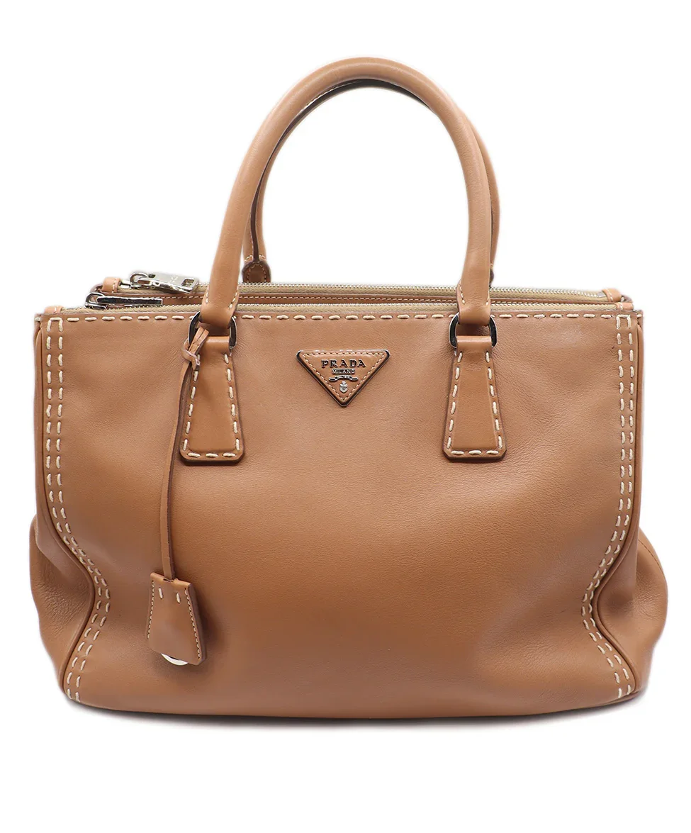 Prada Tan Leather Ivory Stitching Handbag