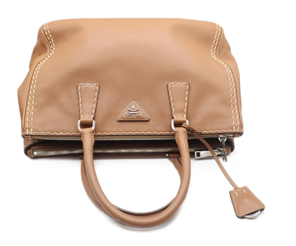 Prada Tan Leather Ivory Stitching Handbag - Image 5