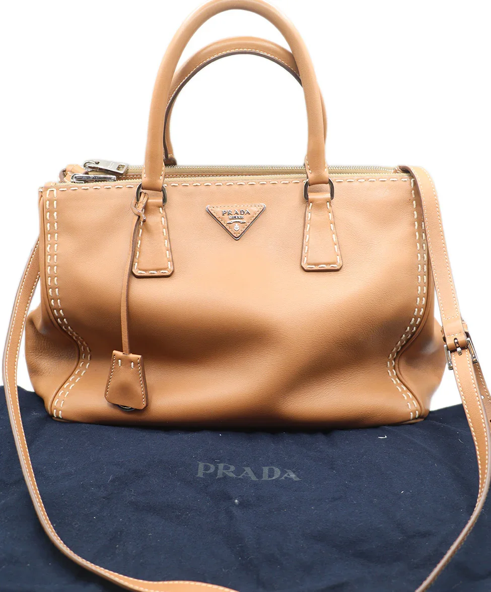 Prada Tan Leather Ivory Stitching Handbag - Image 6