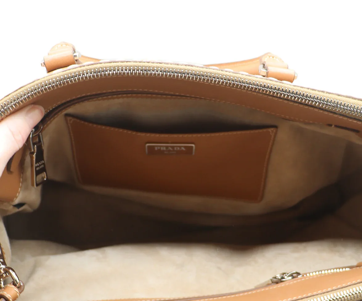 Prada Tan Leather Ivory Stitching Handbag - Image 7