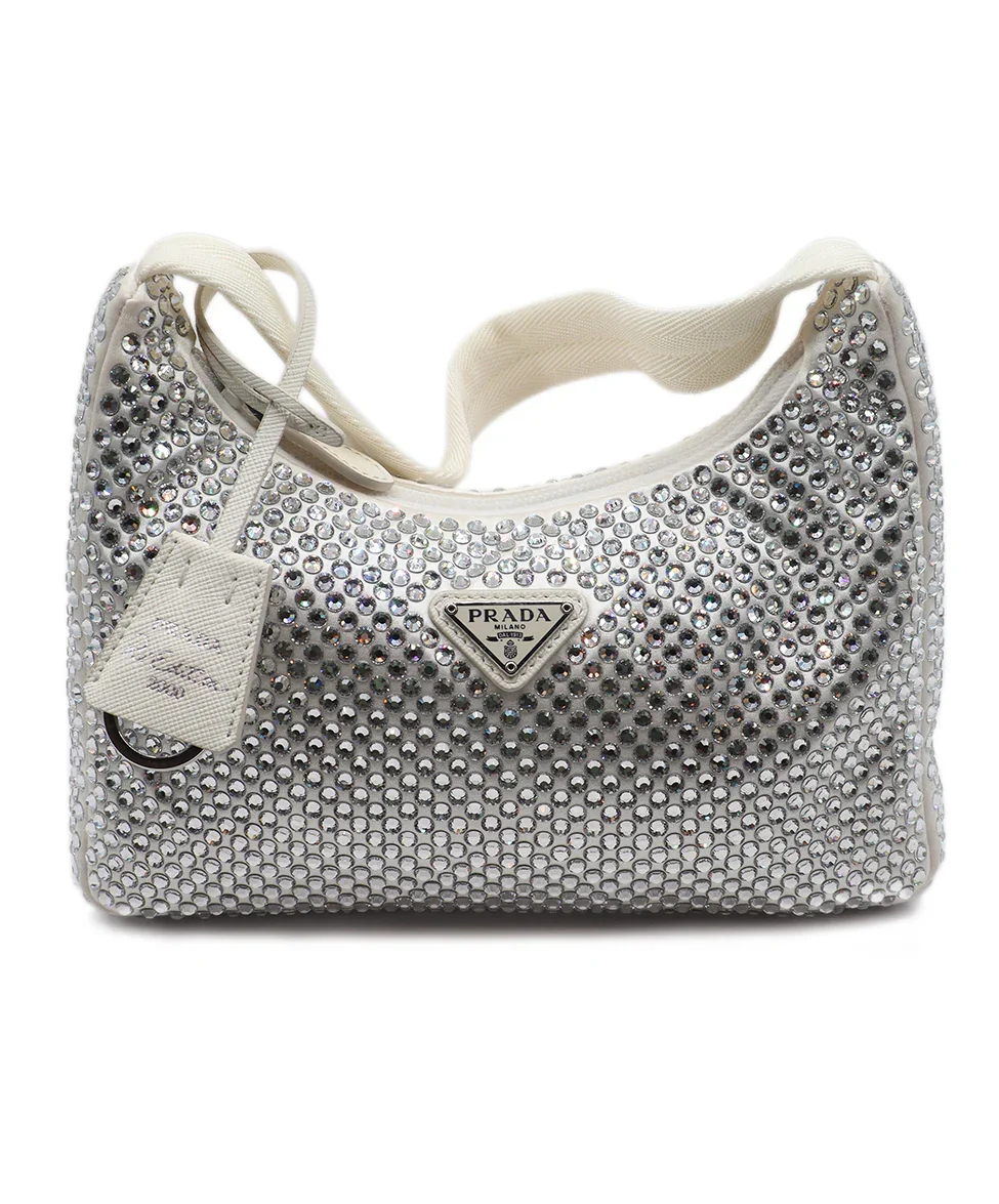 Prada White Rhinestone Re-Edition Shoulder Bag