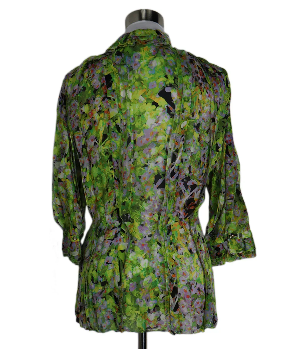 Roberto Cavalli Green Lavender Print Silk Blouse sz 2 - Image 3