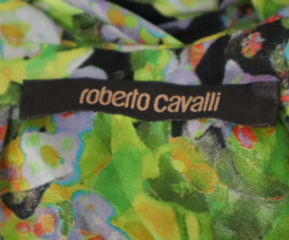 Roberto Cavalli Green Lavender Print Silk Blouse sz 2 - Image 4