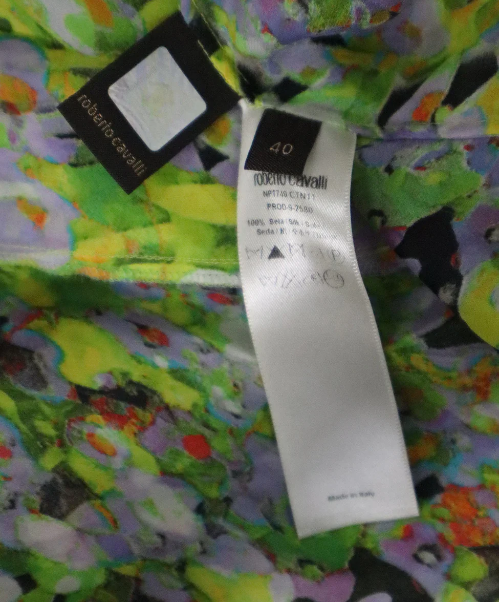Roberto Cavalli Green Lavender Print Silk Blouse sz 2 - Image 5