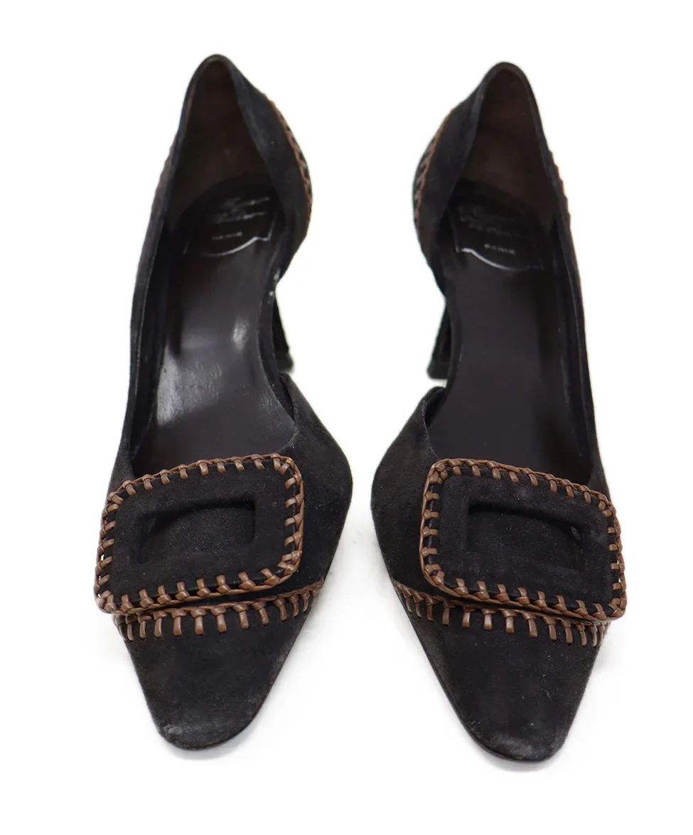 Roger Vivier Black Suede & Brown Stitched Heels sz 8.5 - Image 4
