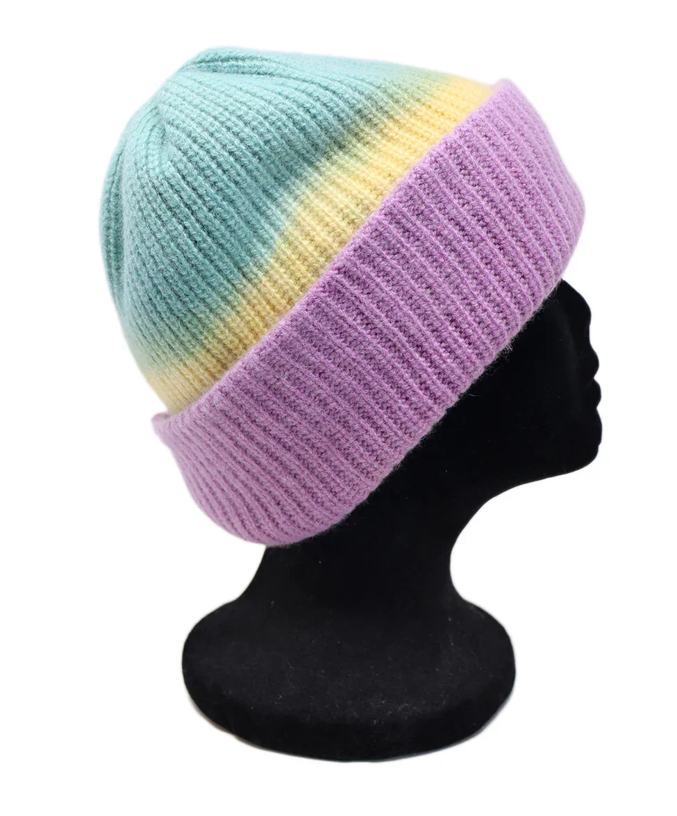 The Elder Statesman Yellow Aqua & Lavender Cashmere Hat - Image 2