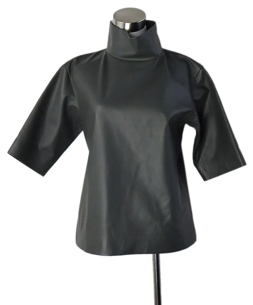 The Frankie Shop Olive Green Leather Top sz 2